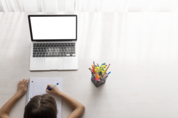 school at home through online homeschooling. the child is sitting at the computer