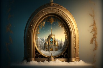 arch church window frame with empty snow globe in middle. Generative Ai