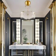 Glamorous powder room with mirrored walls and crystal sconces2, Generative AI