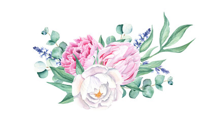 Watercolor bouquet, white and pink peony, lavender, eucalyptus. Hand painted illustration isolated on white background. Can be used for greeting cards, wedding invitations, save the date, textile and