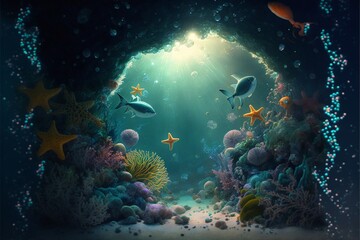 Naklejka na ściany i meble under water ocean background landscape. Generative Ai