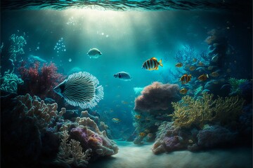 Naklejka na ściany i meble under water ocean background landscape. Generative Ai