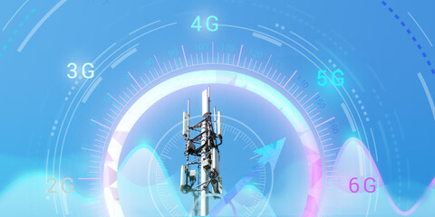 Telecommunication tower with 4G, 5G transmitters. Cellular base station with transmitting antennas on tower on technological background with abstract scales and indication of transmission speed. - obrazy, fototapety, plakaty