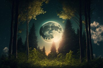 forest with large moonrise garden. Generative Ai