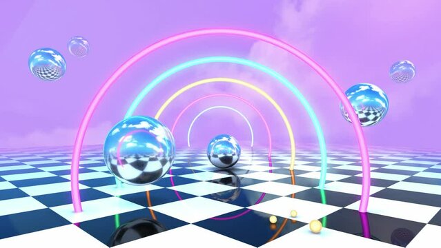 Retro, vaporwave background with checkerboard floor, purple sky, moving chrome spheres and neon arches.
