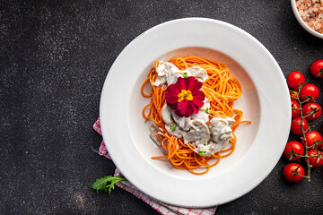 tomato spaghetti pasta with mushroom sauce healthy meal food snack on the table copy space food background rustic top view veggie vegan or vegetarian food no meat
