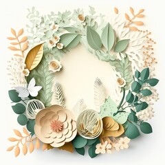 3d papercut floral and small leaves wreath. modern wedding design, wedding invitation. Generative AI