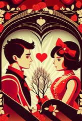 Valentine's Day couple, very romantic couple in love.
red valentine style with hearts. Ai generated. 