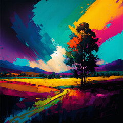 A vibrant abstract landscape featuring bold strokes of color and dynamic composition