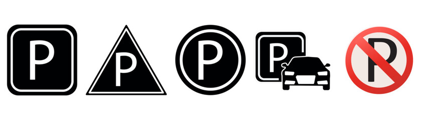 Parking icon set. Vector isolated parking signs. Map parking pointer. Parking place sign.