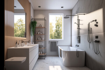 Modern bathroom interior design, Luxury yet minimalist clean, bright and hygienic spacious bathroom with shower, toilets, mirrors, bathtub and natural green plant in a hotel, apartment, or house