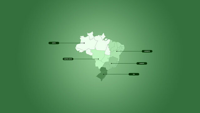 Ilustração do mapa do Brasil e suas regiões em um fundo verde.