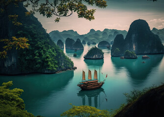 ha long bay at vietnam as travel scene created with Generative AI technology - obrazy, fototapety, plakaty