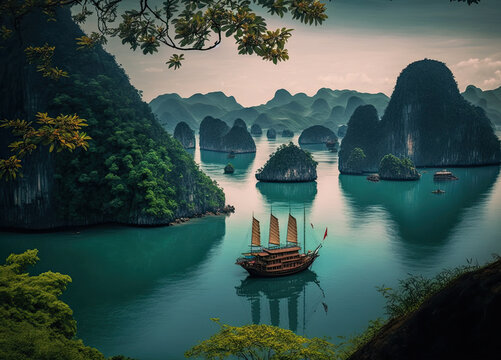ha long bay at vietnam as travel scene created with Generative AI technology