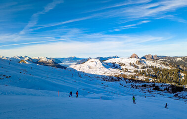 Snow covered mountains and ski slopes, ski area Stoos