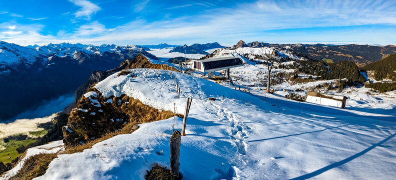 Snow covered mountains and ski slopes, ski area Stoos