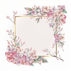 Fototapeta na wymiar Sakura Watercolor Pastel Floral Wreath Border Frame Wedding Invitation Birthday Celebration Spring Summer Flower Square Isolated White Background Generative AI Technology