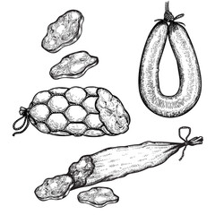 Hand drawn sketch style sausages set. Engraved meat food. Ham and salami slices. Butchery products collection. Tasty meal. Vector delicious snacks.