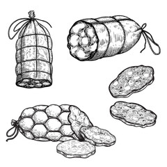 Fototapeta premium Hand drawn sketch style sausages set. Engraved meat food. Ham and salami slices. Butchery products collection. Tasty meal. Vector delicious snacks.