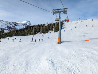 Ski slopes and mountains in Jungfrau ski resort in Swiss Alps, Grindelwald, Switzerland
