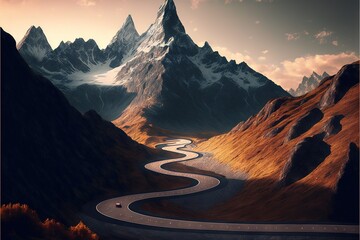  a winding road in the mountains with a car driving on it and a mountain range in the background with a sky filled with clouds and a few clouds, with a few light - colored. generated ai