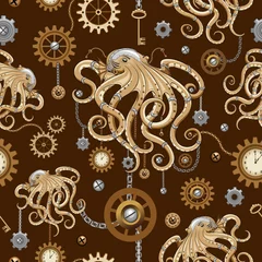 Selbstklebende Fototapete Zeichnung Octopus Steampunk Clocks and Gears Gothic Surreal Retro Style Machine Vector Seamless Pattern
