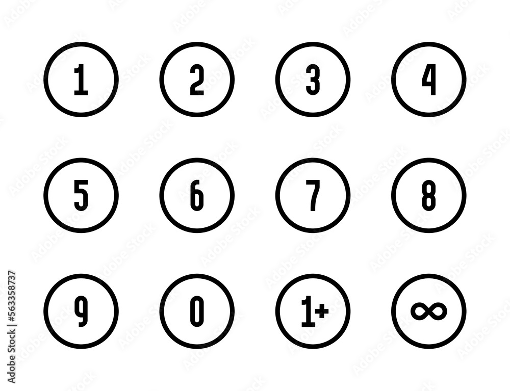 Poster numbers in a circle from zero to nine, add one and infinite symbol line vector icons. numerical step