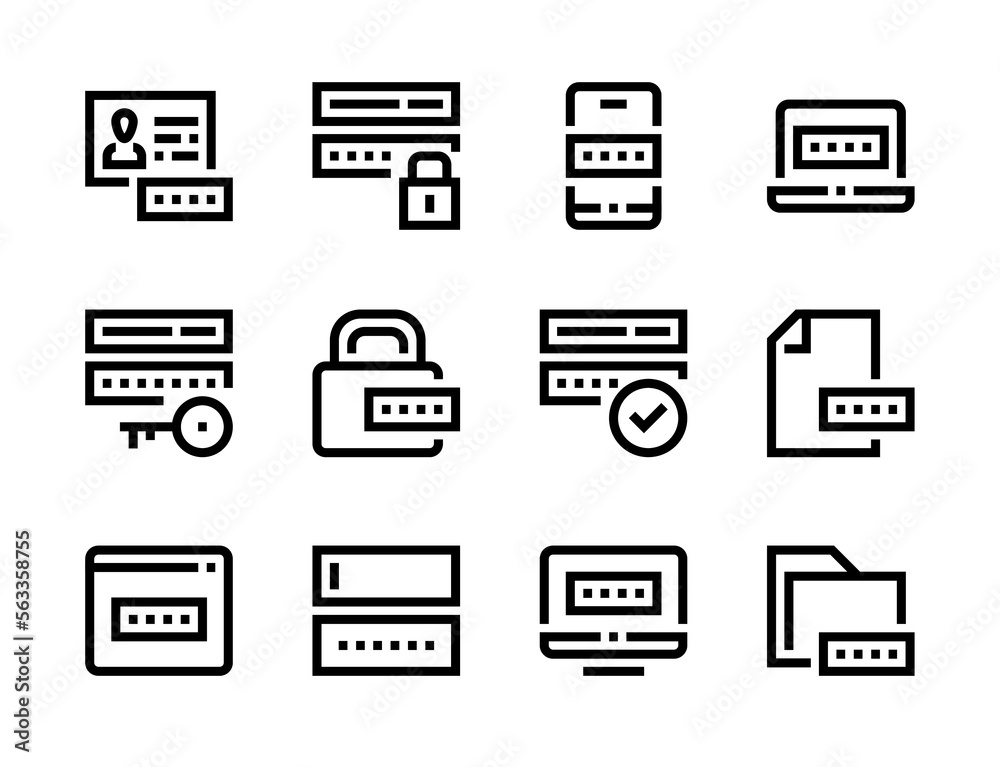 Poster password and online security line vector icons. data protection and information secure editable stro