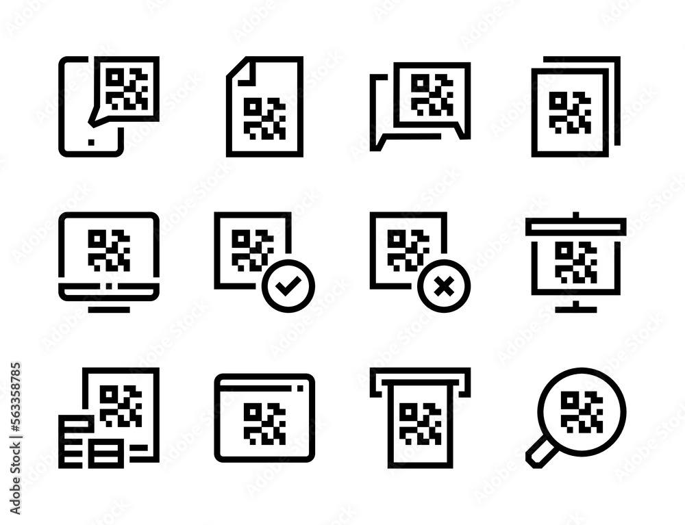 Poster qr code and online link cipher line vector icons. fast link code editable stroke outline icon set.