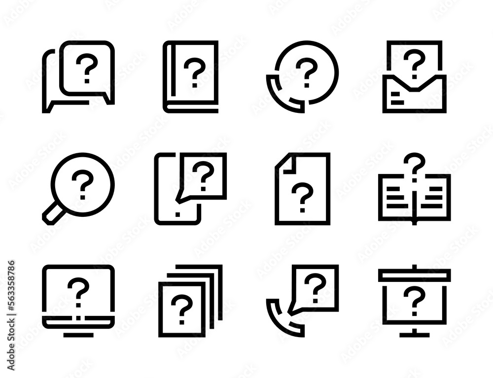 Poster question mark and faq line vector icons. problem solution, information and guide editable stroke out