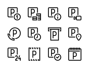 Parking and garage space line vector icons. Car-park services editable stroke outline icon set.