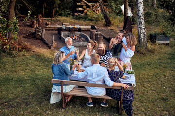 Friends toasting around a table outside