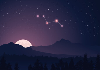 Vector constellation Vulpecula in dark purple, starry sky. Misty hills, rising moon, dark forest, mountains