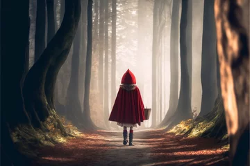 Selbstklebende Fototapeten Little red riding hood in magic forest, Generative AI © ThisDesign