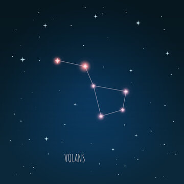 Constellation scheme in starry sky. Open space. Vector illustration Volans constellation through a telescope