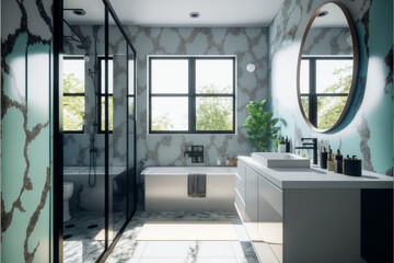 Modern bathroom interior design, Luxury yet minimalist clean, bright and hygienic spacious bathroom with shower, toilets, mirrors, bathtub and natural green plant in a hotel, apartment, or house