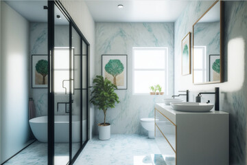 Modern bathroom interior design, Luxury yet minimalist clean, bright and hygienic spacious bathroom with shower, toilets, mirrors, bathtub and natural green plant in a hotel, apartment, or house