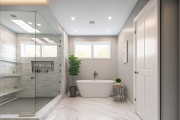 Modern bathroom interior design, Luxury yet minimalist clean, bright and hygienic spacious bathroom with shower, toilets, mirrors, bathtub and natural green plant in a hotel, apartment, or house