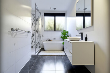 Fototapeta na wymiar Modern bathroom interior design, Luxury yet minimalist clean, bright and hygienic spacious bathroom with shower, toilets, mirrors, bathtub and natural green plant in a hotel, apartment, or house