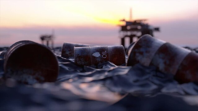 Oil concept. Empty oil barrels float on the surface of the oil sea at sunset. Toxic waste. Oil platforms offshore. 