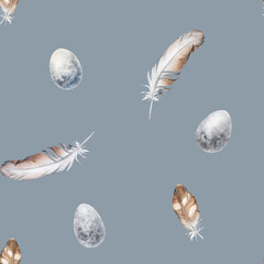 Watercolor seamless pattern with bird feathers and eggs on blue background