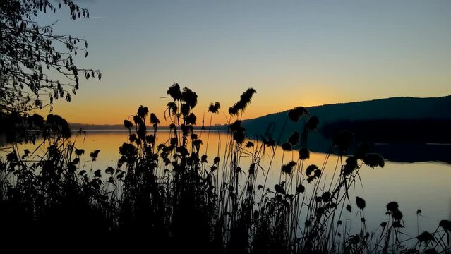 Aerial Drone - Sunset Landscape on Lake Corgeno