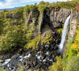 a panoramic view of the beautiful waterfall the Hundafoss  from above in nature reserve Skaftafell in Vatnajökull National park in South Iceland on a summer day, Iceland, Europe, stock photo