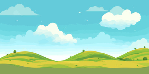 Plakat Vector illustration of beautiful summer fields landscape, green hills, bright color blue sky, country background in flat cartoon style