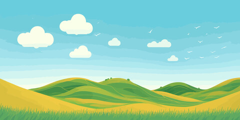 Obraz na płótnie Canvas Vector illustration of beautiful summer fields landscape, green hills, bright color blue sky, country background in flat cartoon style