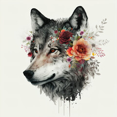 wolf in the sun with flowers color art t-short design
