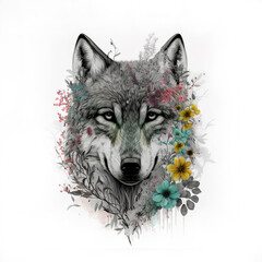 wolf in the sun with flowers color art t-short design