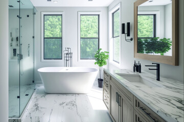 Modern bathroom interior design, Luxury yet minimalist clean, bright and hygienic spacious bathroom with shower, toilets, mirrors, bathtub and natural green plant in a hotel, apartment, or house