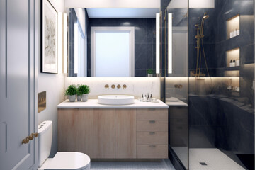 Modern bathroom interior design, Luxury yet minimalist clean, bright and hygienic spacious bathroom with shower, toilets, mirrors, bathtub and natural green plant in a hotel, apartment, or house
