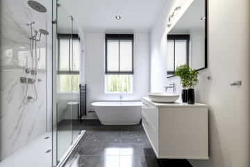 Fototapeta na wymiar Modern bathroom interior design, Luxury yet minimalist clean, bright and hygienic spacious bathroom with shower, toilets, mirrors, bathtub and natural green plant in a hotel, apartment, or house
